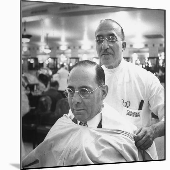 Goldman Sachs and Co. Partner Sidney Weinberg Sitting in Chair at Barber Shop-null-Mounted Photographic Print