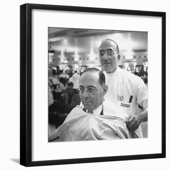 Goldman Sachs and Co. Partner Sidney Weinberg Sitting in Chair at Barber Shop-null-Framed Photographic Print