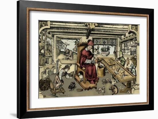 Goldsmith's workshop (colourised copper engraving)-European School-Framed Giclee Print