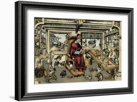 Goldsmith's workshop (colourised copper engraving)-European School-Framed Giclee Print