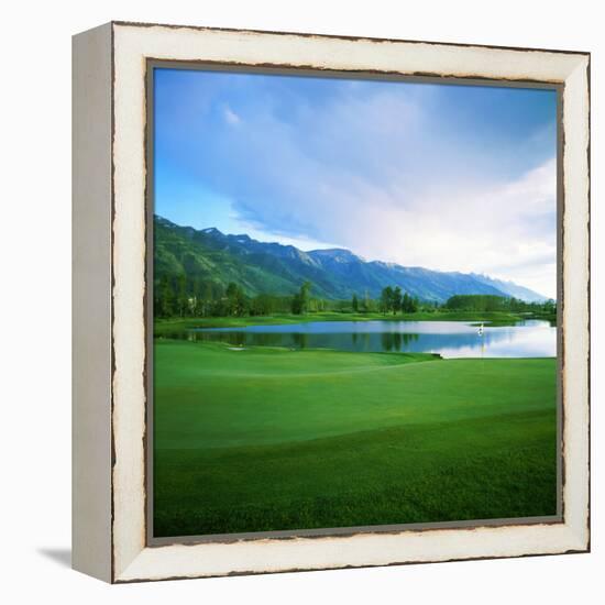 Golf Course with Mountain Range in the Background, Teton Pines Golf Course, Jackson, Wyoming, USA-null-Framed Premier Image Canvas