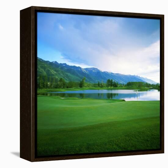 Golf Course with Mountain Range in the Background, Teton Pines Golf Course, Jackson, Wyoming, USA-null-Framed Premier Image Canvas