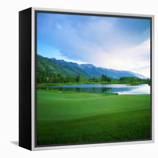 Golf Course with Mountain Range in the Background, Teton Pines Golf Course, Jackson, Wyoming, USA-null-Framed Premier Image Canvas