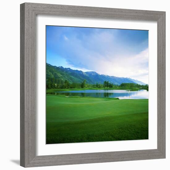 Golf Course with Mountain Range in the Background, Teton Pines Golf Course, Jackson, Wyoming, USA-null-Framed Photographic Print