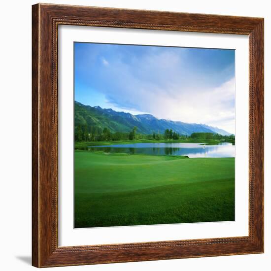 Golf Course with Mountain Range in the Background, Teton Pines Golf Course, Jackson, Wyoming, USA-null-Framed Photographic Print