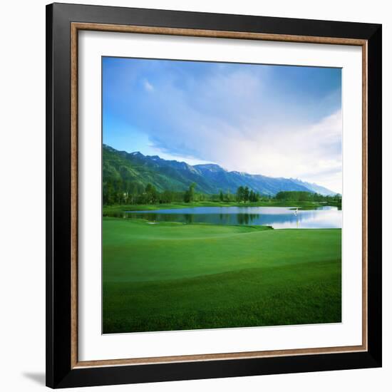 Golf Course with Mountain Range in the Background, Teton Pines Golf Course, Jackson, Wyoming, USA-null-Framed Photographic Print