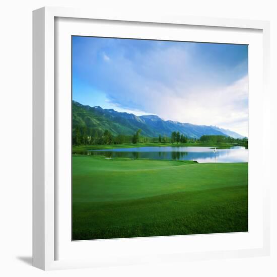 Golf Course with Mountain Range in the Background, Teton Pines Golf Course, Jackson, Wyoming, USA-null-Framed Photographic Print