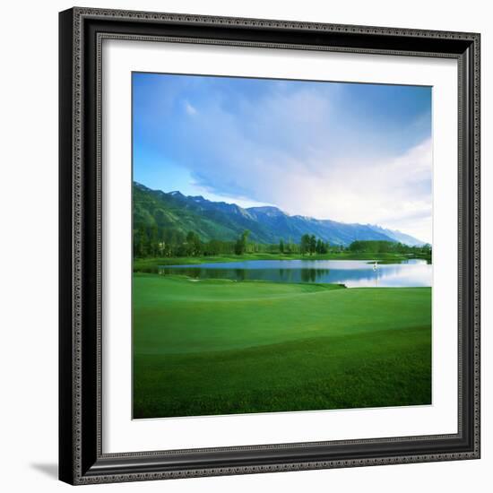 Golf Course with Mountain Range in the Background, Teton Pines Golf Course, Jackson, Wyoming, USA-null-Framed Photographic Print