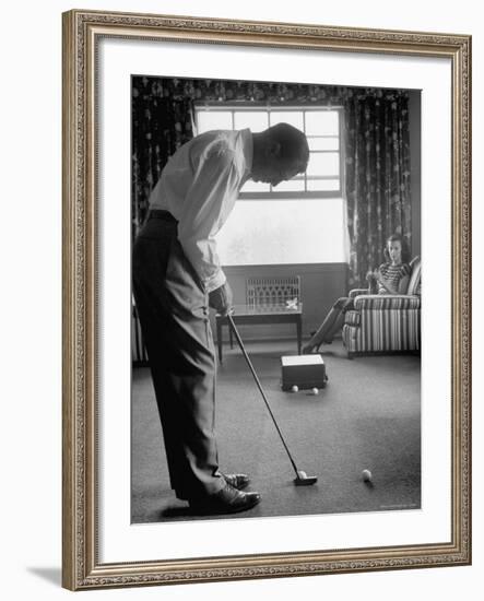 Golfer Ben Hogan Practicing Putting in His town house with Wife Valerie Watching from Armchair-Loomis Dean-Framed Premium Photographic Print