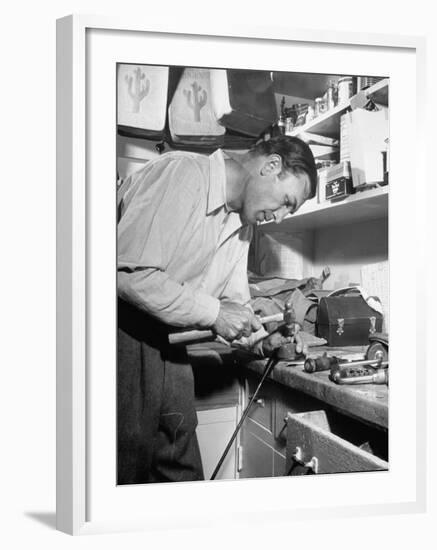 Golfer Ben Hogan Working on Golf Club in Workshop-Martha Holmes-Framed Premium Photographic Print