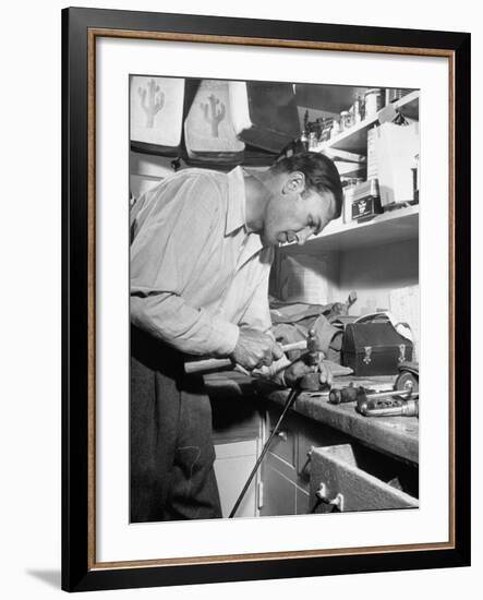 Golfer Ben Hogan Working on Golf Club in Workshop-Martha Holmes-Framed Premium Photographic Print