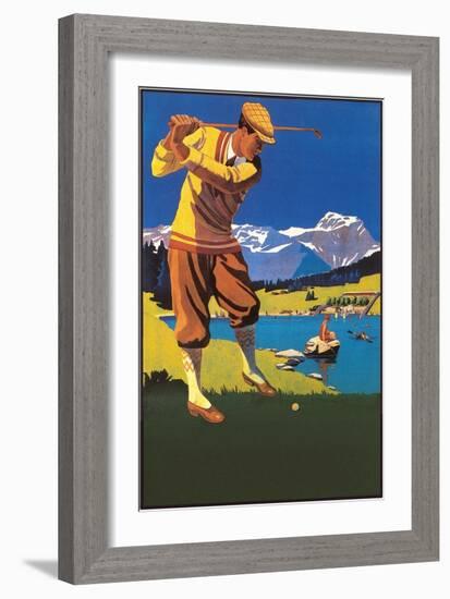 Golfer in Plus-Fours in Mountains-null-Framed Premium Giclee Print