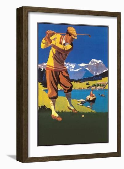 Golfer in Plus-Fours in Mountains-null-Framed Premium Giclee Print