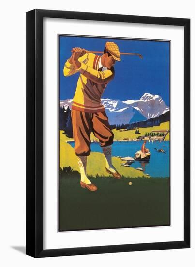 Golfer in Plus-Fours in Mountains-null-Framed Premium Giclee Print
