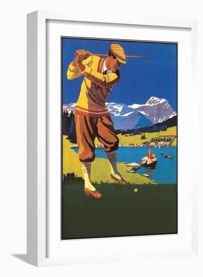 Golfer in Plus-Fours in Mountains-null-Framed Premium Giclee Print