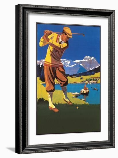 Golfer in Plus-Fours in Mountains-null-Framed Premium Giclee Print