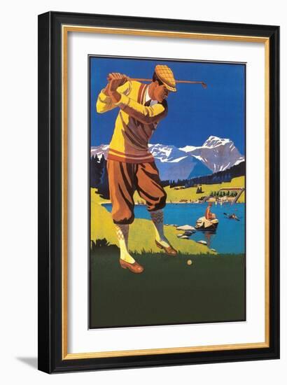 Golfer in Plus-Fours in Mountains-null-Framed Premium Giclee Print