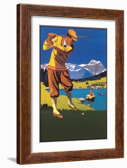 Golfer in Plus-Fours in Mountains-null-Framed Art Print