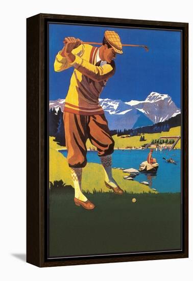 Golfer in Plus-Fours in Mountains-null-Framed Stretched Canvas