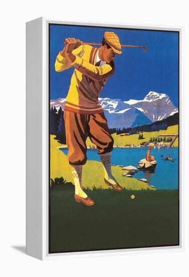 Golfer in Plus-Fours in Mountains-null-Framed Stretched Canvas