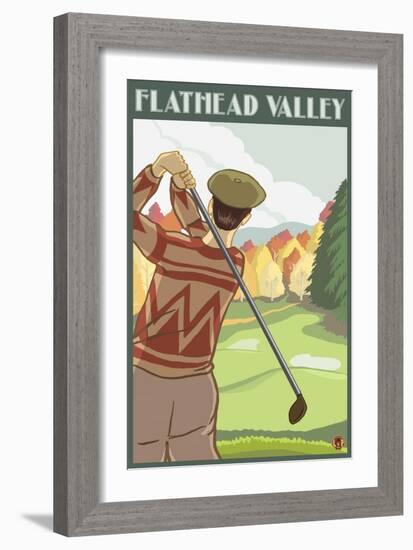 Golfer Scene, Flathead lake, Montana-Lantern Press-Framed Art Print