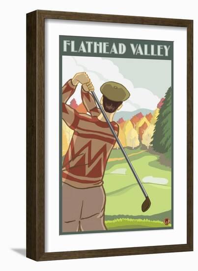 Golfer Scene, Flathead lake, Montana-Lantern Press-Framed Art Print