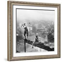 Golfer Teeing off on Girder High above City-null-Framed Photographic Print