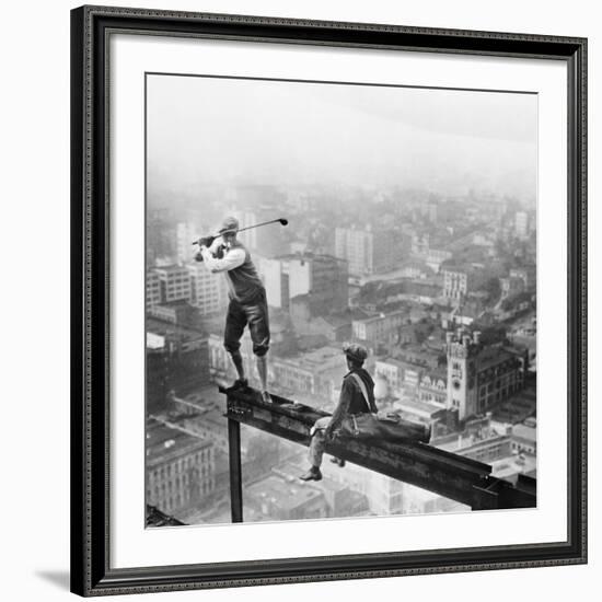 Golfer Teeing off on Girder High above City-null-Framed Giclee Print
