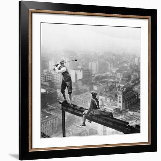 Golfer Teeing off on Girder High above City-null-Framed Giclee Print