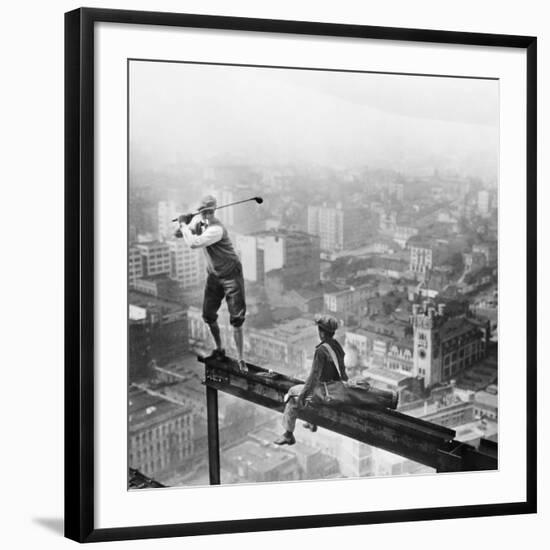 Golfer Teeing off on Girder High above City--Framed Giclee Print