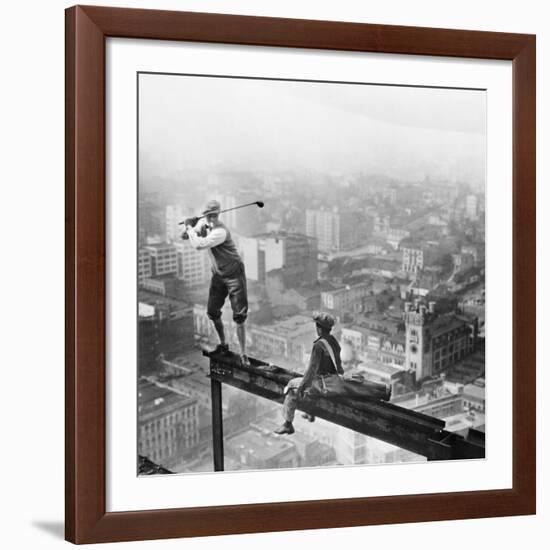 Golfer Teeing off on Girder High above City-null-Framed Giclee Print