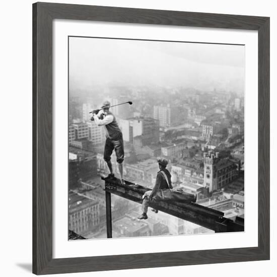 Golfer Teeing off on Girder High above City-null-Framed Giclee Print