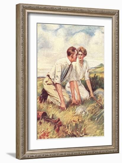 Golfing Couple Looking for Lost Ball-null-Framed Art Print