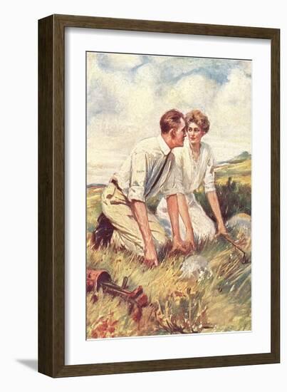 Golfing Couple Looking for Lost Ball-null-Framed Art Print