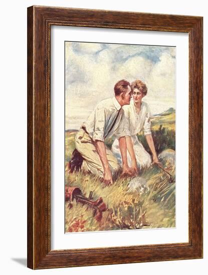 Golfing Couple Looking for Lost Ball-null-Framed Art Print