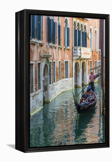 Gondola Boat Passing Through a Narrow Canal, Venice, Veneto, Italy-Stefano Politi Markovina-Framed Premier Image Canvas