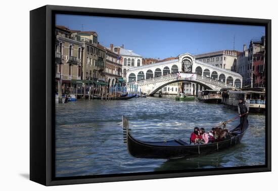 Gondola Grand Canal with Rialto Bridge in Background, Venice, Italy-Darrell Gulin-Framed Premier Image Canvas