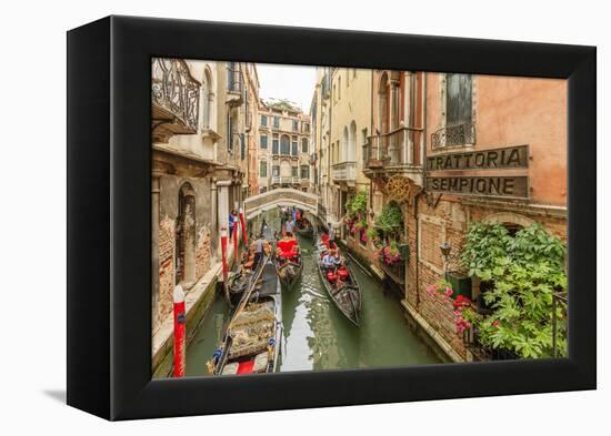 Gondola Traffic in Narrow Canal. Venice. Italy-Tom Norring-Framed Premier Image Canvas