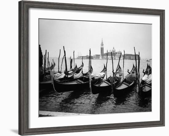 Gondolas and Gondoliers on a Rainy Day in Venice Italy, June 1965-null-Framed Photographic Print