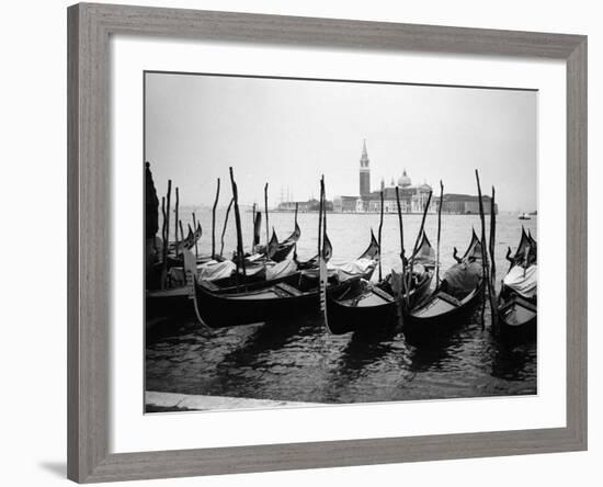 Gondolas and Gondoliers on a Rainy Day in Venice Italy, June 1965-null-Framed Photographic Print