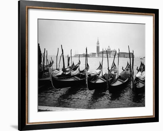 Gondolas and Gondoliers on a Rainy Day in Venice Italy, June 1965-null-Framed Photographic Print