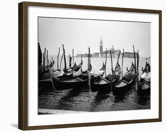 Gondolas and Gondoliers on a Rainy Day in Venice Italy, June 1965-null-Framed Photographic Print