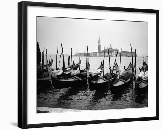 Gondolas and Gondoliers on a Rainy Day in Venice Italy, June 1965-null-Framed Photographic Print