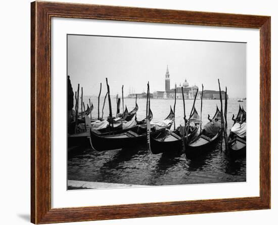 Gondolas and Gondoliers on a Rainy Day in Venice Italy, June 1965-null-Framed Photographic Print