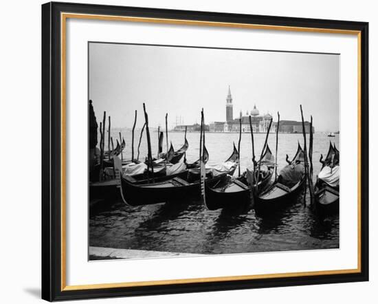 Gondolas and Gondoliers on a Rainy Day in Venice Italy, June 1965-null-Framed Photographic Print