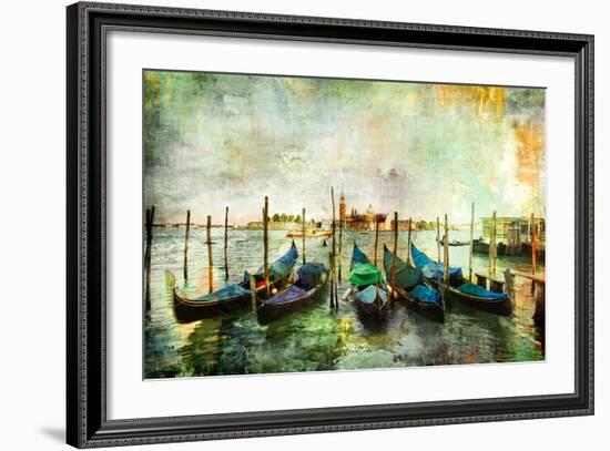 Gondolas - Beautiful Venetian Pictures - Oil Painting Style-Maugli-l-Framed Premium Giclee Print