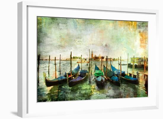 Gondolas - Beautiful Venetian Pictures - Oil Painting Style-Maugli-l-Framed Premium Giclee Print