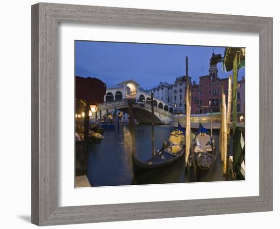 Gondolas Moored on the Grand Canal at Riva Del Vin, with Rialto Bridge Behind, Venice, Veneto-Hazel Stuart-Framed Photographic Print