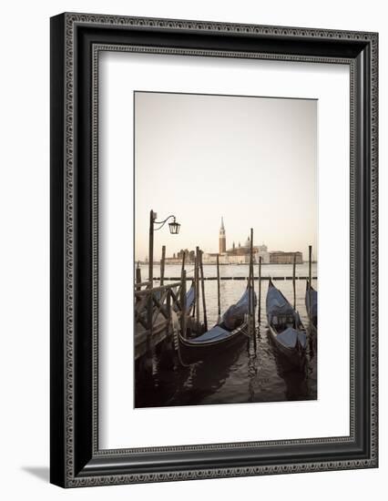 Gondolas Moored on the Lagoon, San Giorgio Maggiore Beyond, Riva Degli Schiavoni-Amanda Hall-Framed Photographic Print