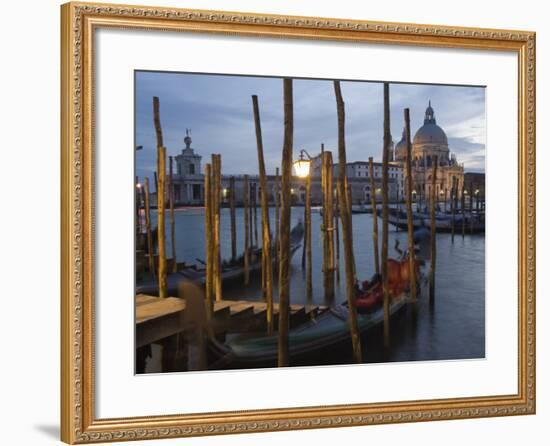 Gondolas on Waterfront at Night, Church Basilica, Venice, Unesco World Heritage Site, Veneto, Italy-Christian Kober-Framed Photographic Print